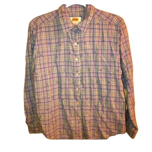 Talbots petites button down size small linen & cotton striped & flowers - Picture 1 of 13